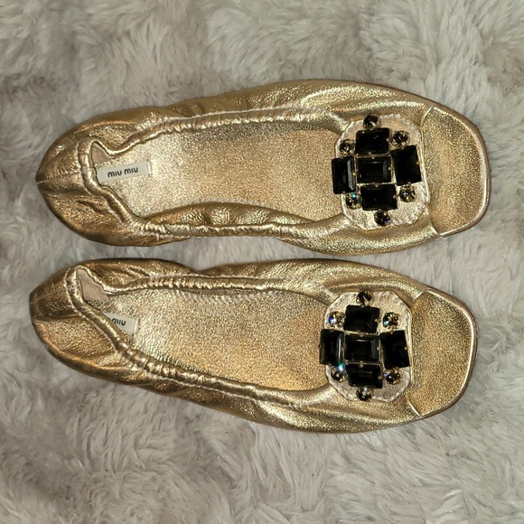 Miu Miu Gold Flats with Black Embellishments - Picture 1 of 6